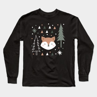 Cute Fox in the Forest Green and Grey Long Sleeve T-Shirt